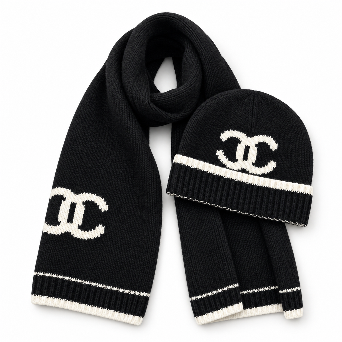 Chanel Style Logo Knit Scarf and Beanie Set