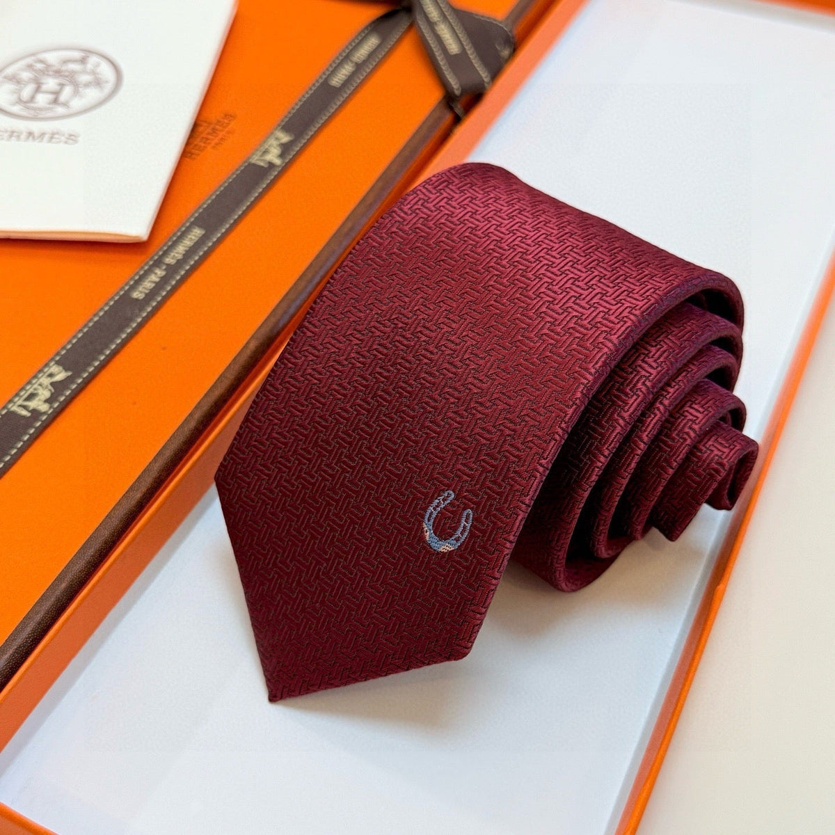Hermès Style Men's H Logo Textured Silk Tie