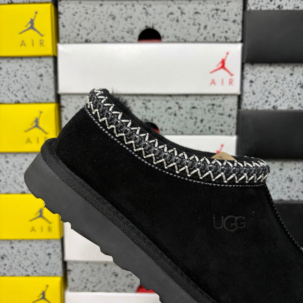 UGG Tasman Slip-On Slipper – Suede Moccasin with Shearling Lining, Black & White Woven Collar & Grey Lug Sole in Black