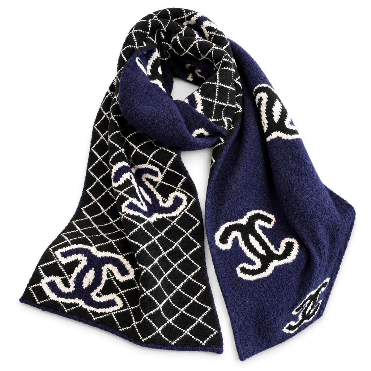Chanel Style Reversible Plush Diamond Logo Scarf