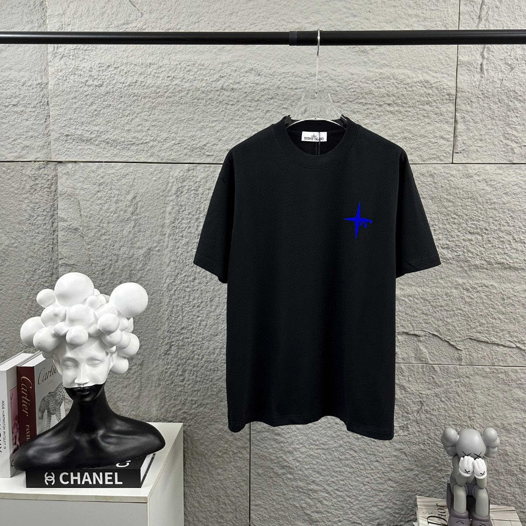 Stone Island Melting Compass Rose 3D Flock Print T-Shirt - Cobalt Blue Star at Chest, Oversized Melting Badge at Back