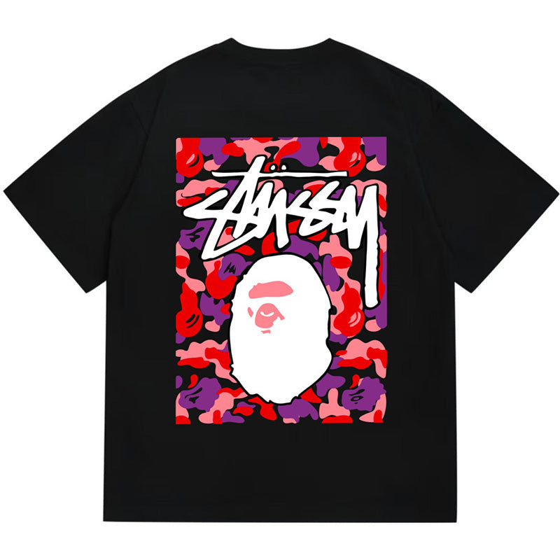 BAPE x Stussy Red Camo Back Print Men's T-Shirt - Black