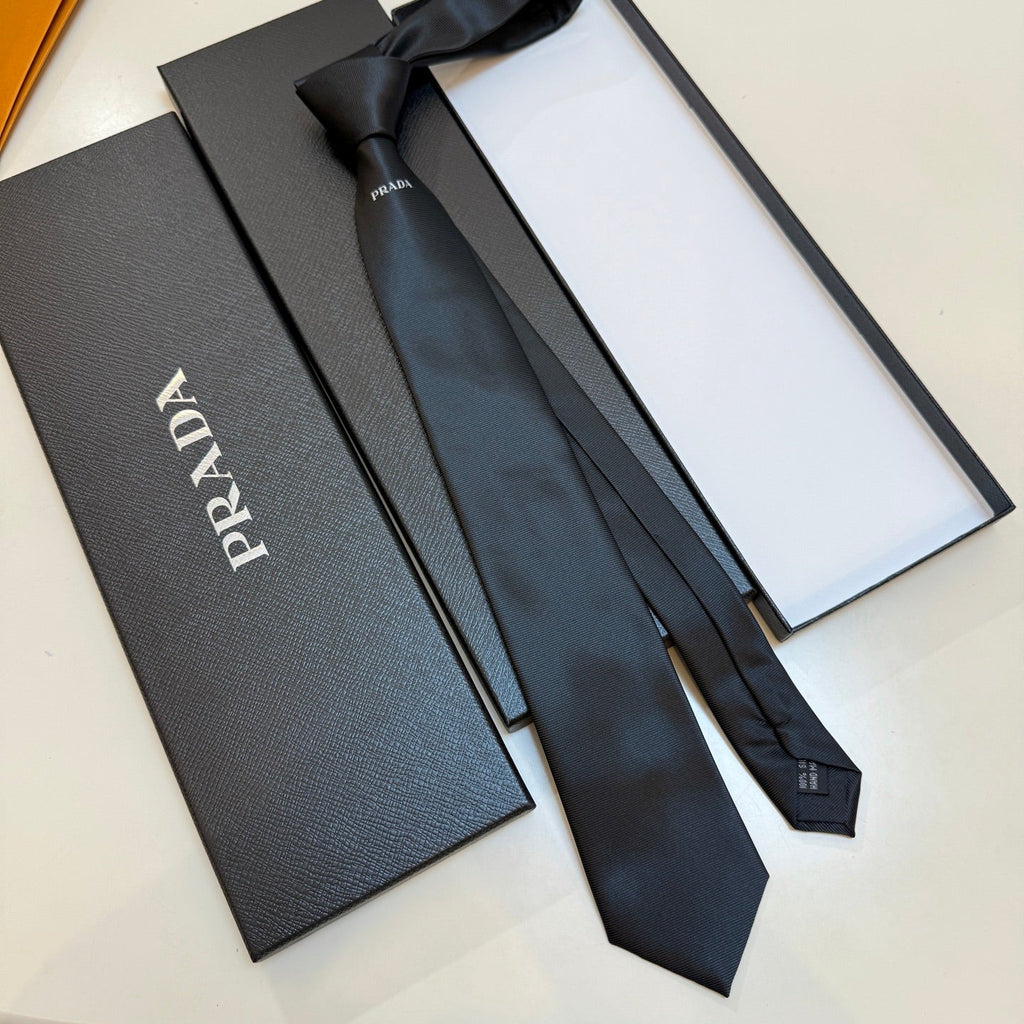Prada Style Men's Minimal Logo Silk Tie