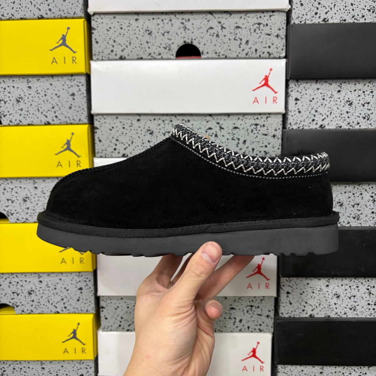 UGG Tasman Slip-On Slipper – Suede Moccasin with Shearling Lining, Black & White Woven Collar & Grey Lug Sole in Black