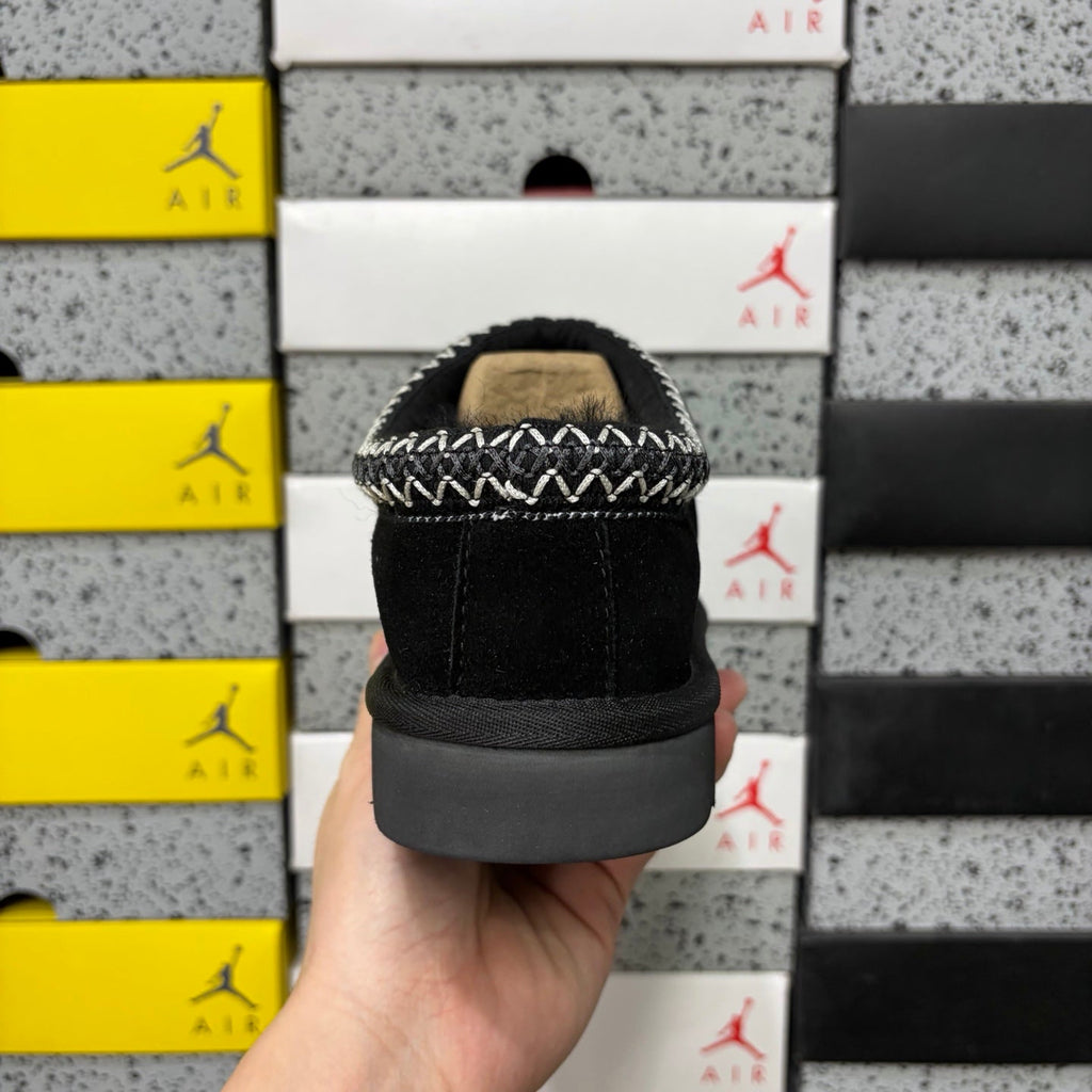 UGG Tasman Slip-On Slipper – Suede Moccasin with Shearling Lining, Black & White Woven Collar & Grey Lug Sole in Black