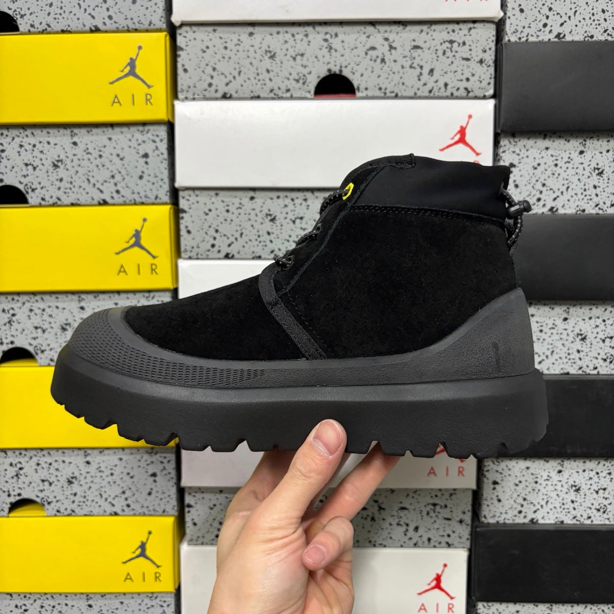 UGG Lace-Up Hiker Boot – Suede & Nylon Boot with Neon Yellow Toggle, Charcoal Midsole & Black Lug Sole