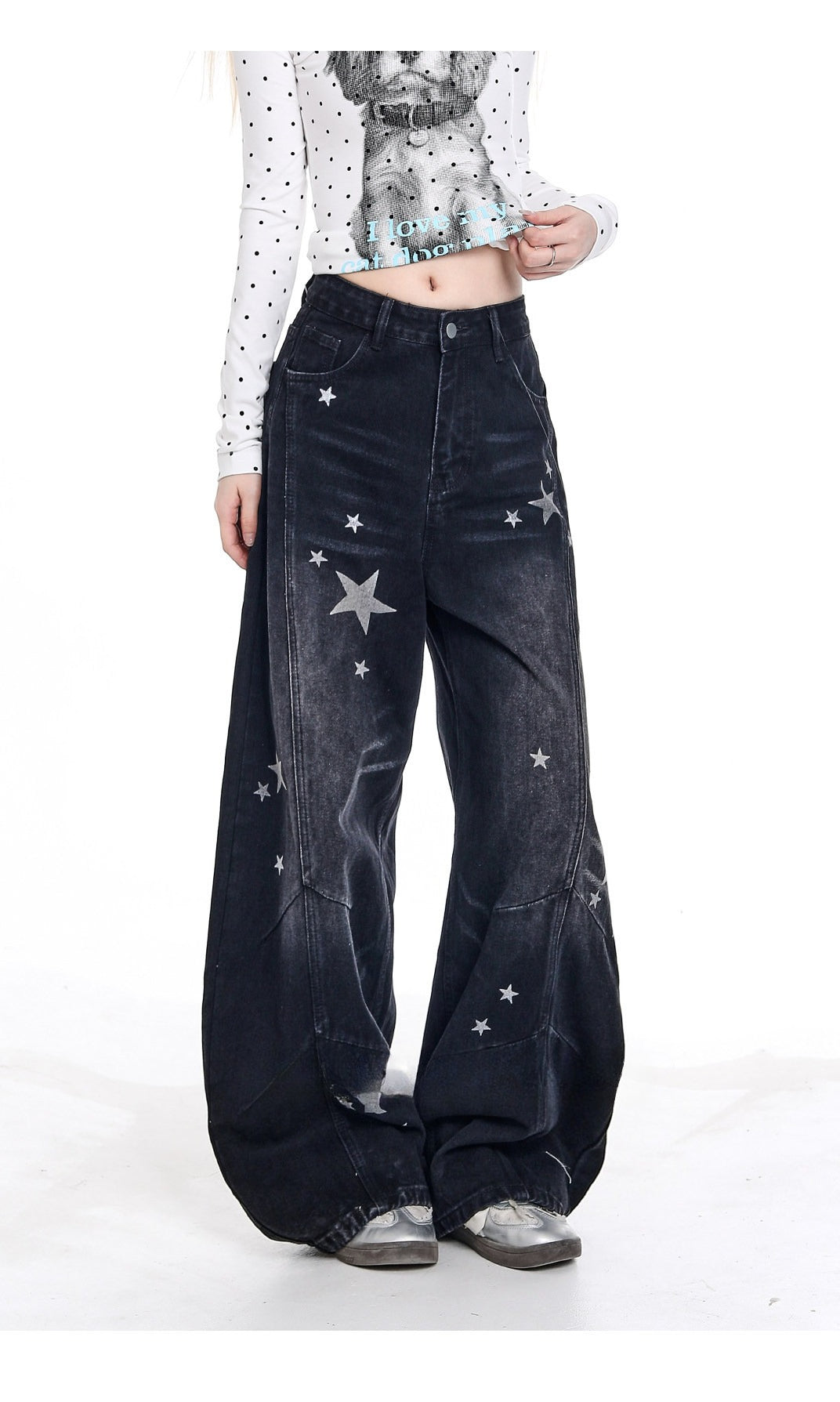 Vintage Star Print Curved Wide Leg Baggy Floor‑Length Denim Jeans