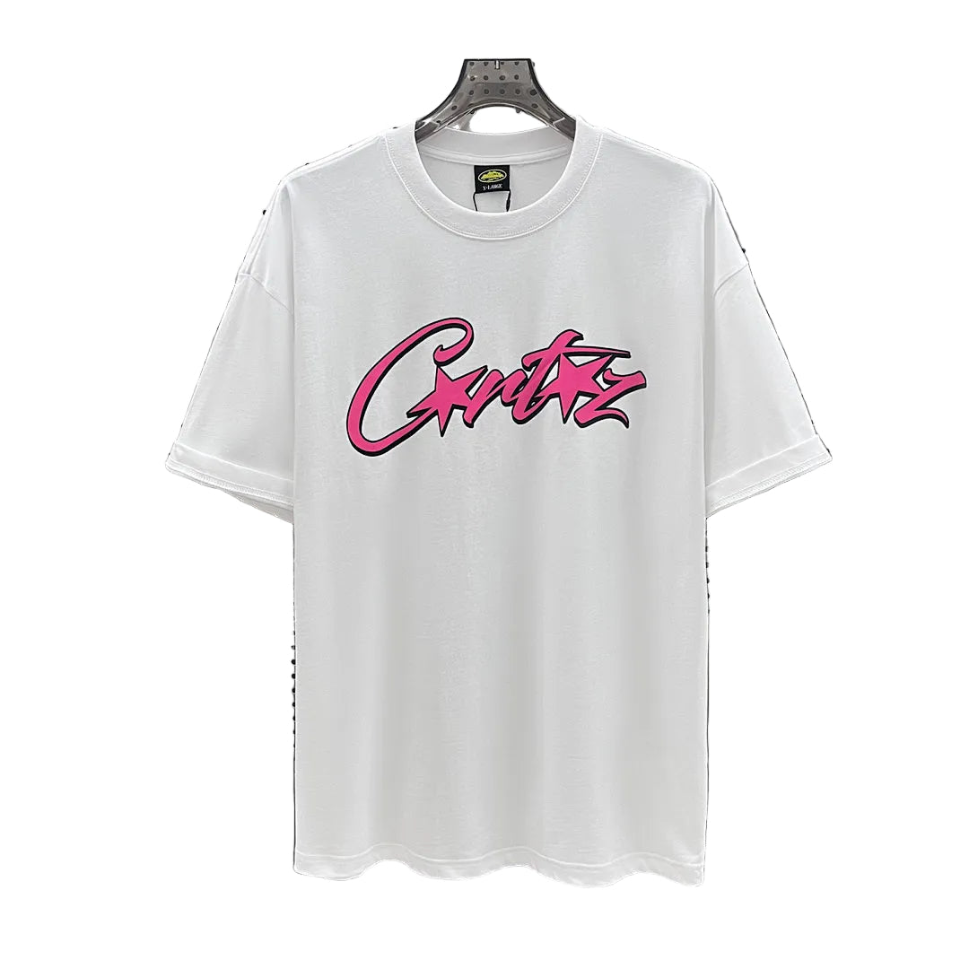 Corteiz CRTZ Script Graffiti Oversized Tee – White/Pink