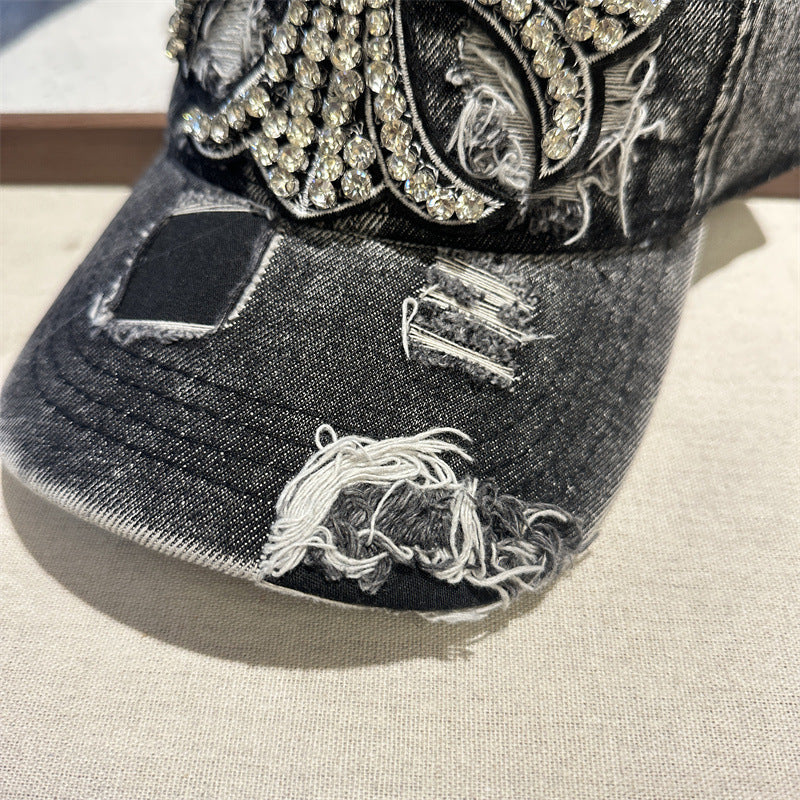 Rhinestone Cross Distressed Denim Baseball Cap Vintage Y2K Women Hat