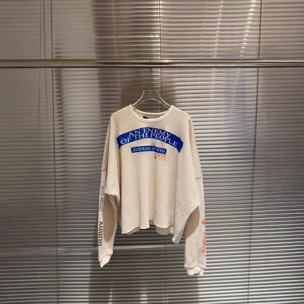 Paly Hollywood Letter Graphic Waffle-Knit Long Sleeve Crewneck T-Shirt