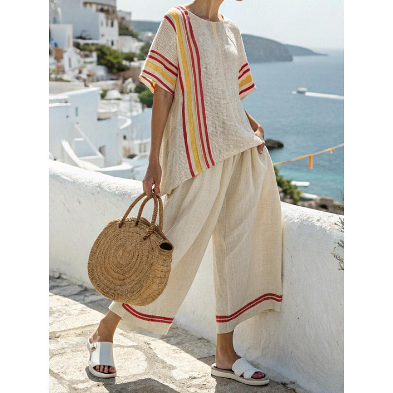 Women Boho Striped Print Round Neck Short Sleeve Wide Leg Beach Set