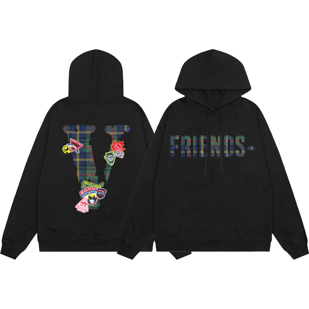 Vlone Multi Pattern Big V Graphic Oversized Hoodie Streetwear Unisex