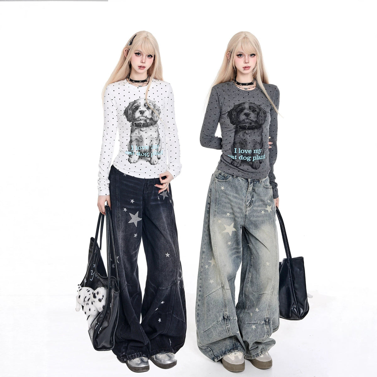 Vintage Star Print Curved Wide Leg Baggy Floor‑Length Denim Jeans