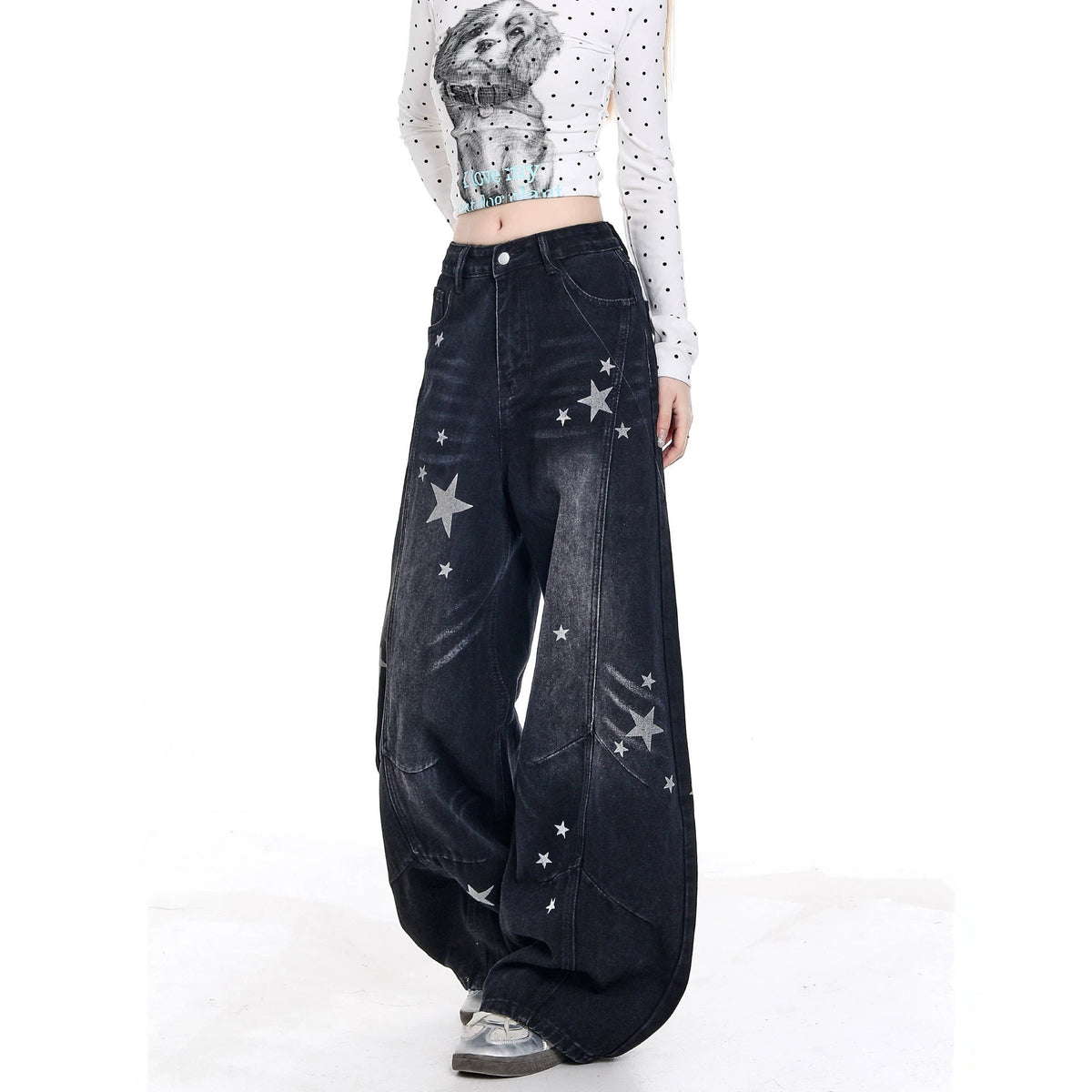 Vintage Star Print Curved Wide Leg Baggy Floor‑Length Denim Jeans