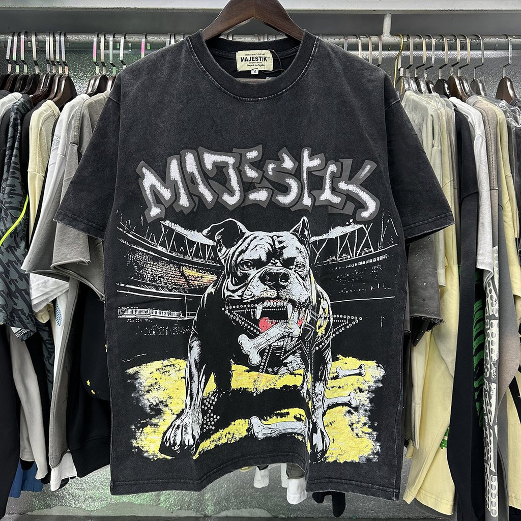 MAJESTIK Bulldog Rhinestone Graphic Cropped T-Shirt
