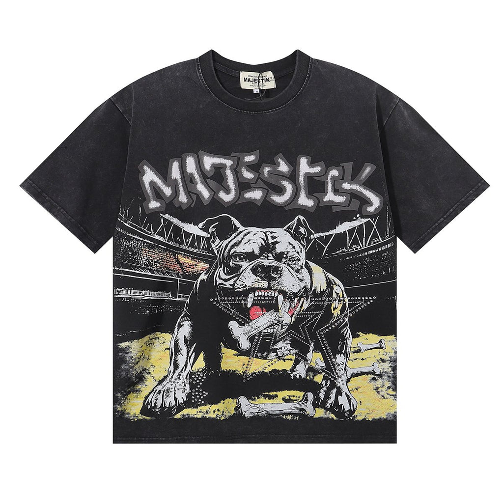MAJESTIK Bulldog Rhinestone Graphic Cropped T-Shirt