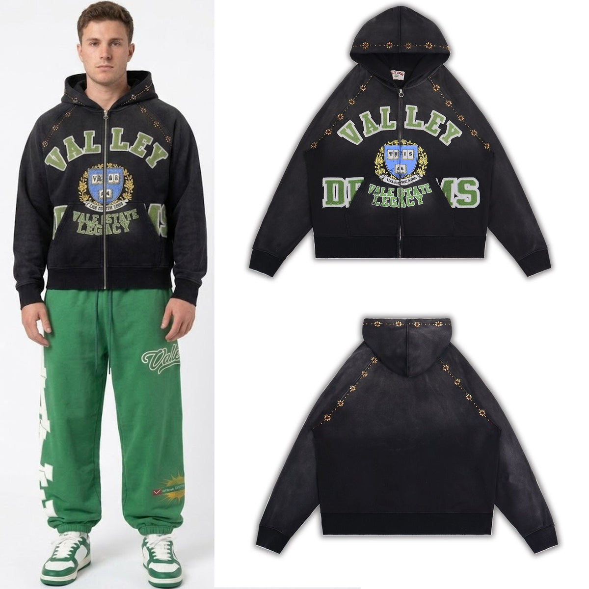 Valley Dreams Washed Black Collegiate Crest Zip Hoodie