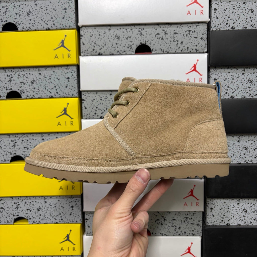 UGG Lace-Up Suede Ankle Boot with Gold Eyelet Hardware, Blue Pull Tab & Chunky Lug Sole in Sand