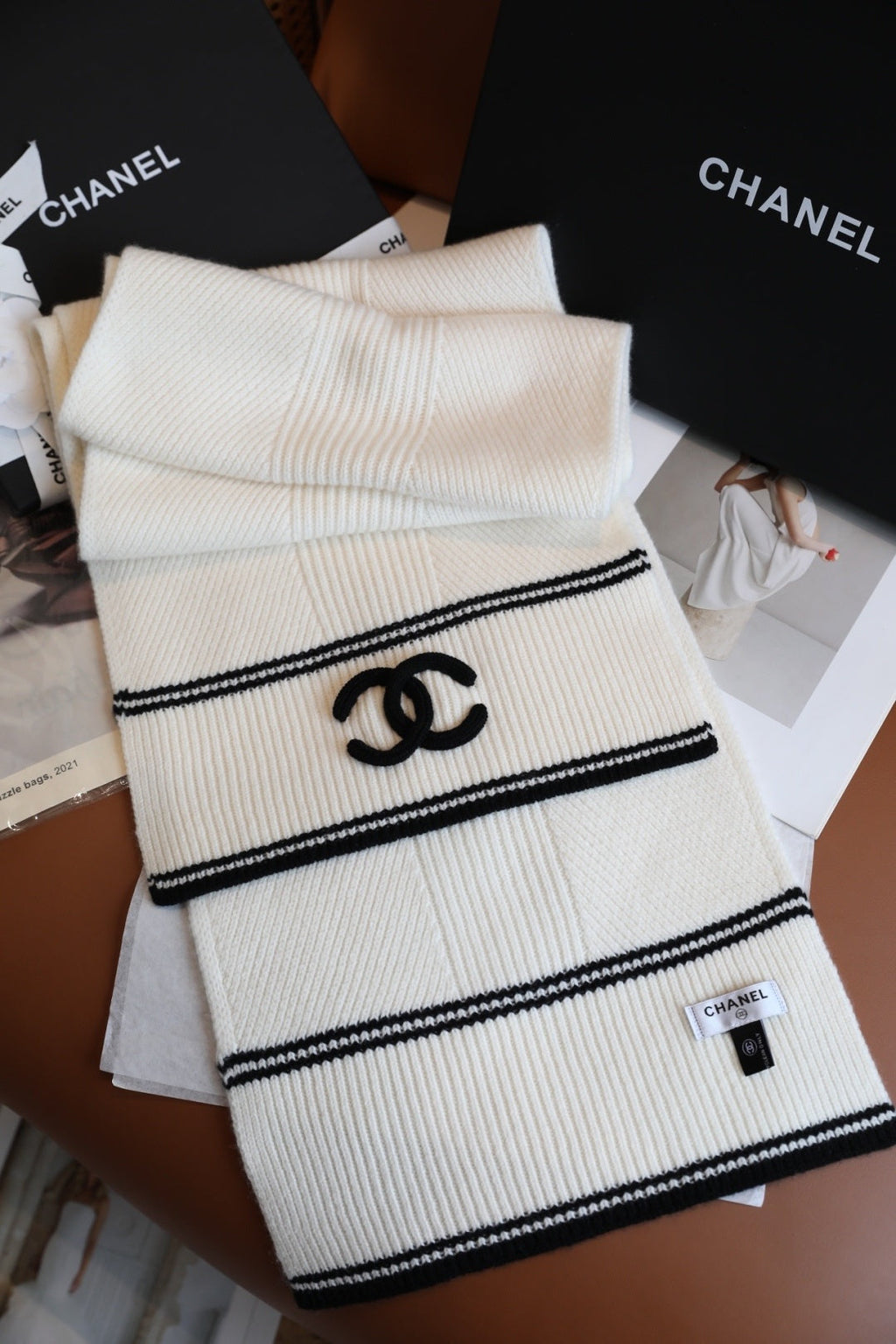 Chanel Style Rib-Knit Logo Scarf
