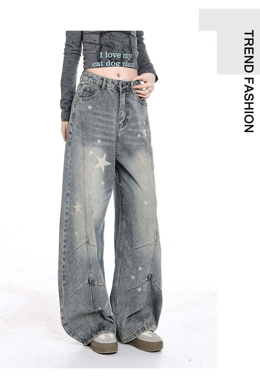 Vintage Star Print Curved Wide Leg Baggy Floor‑Length Denim Jeans
