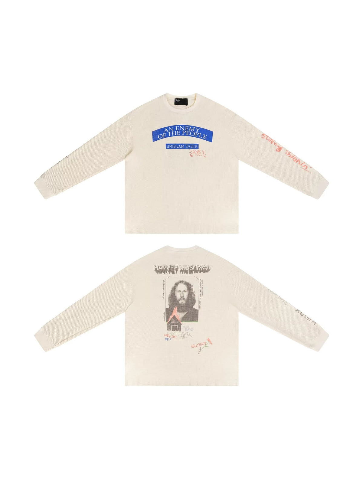 Paly Hollywood Letter Graphic Waffle-Knit Long Sleeve Crewneck T-Shirt