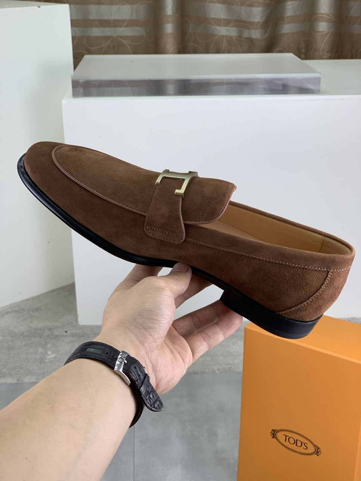 TODS Brown Suede T-Hardware Loafers