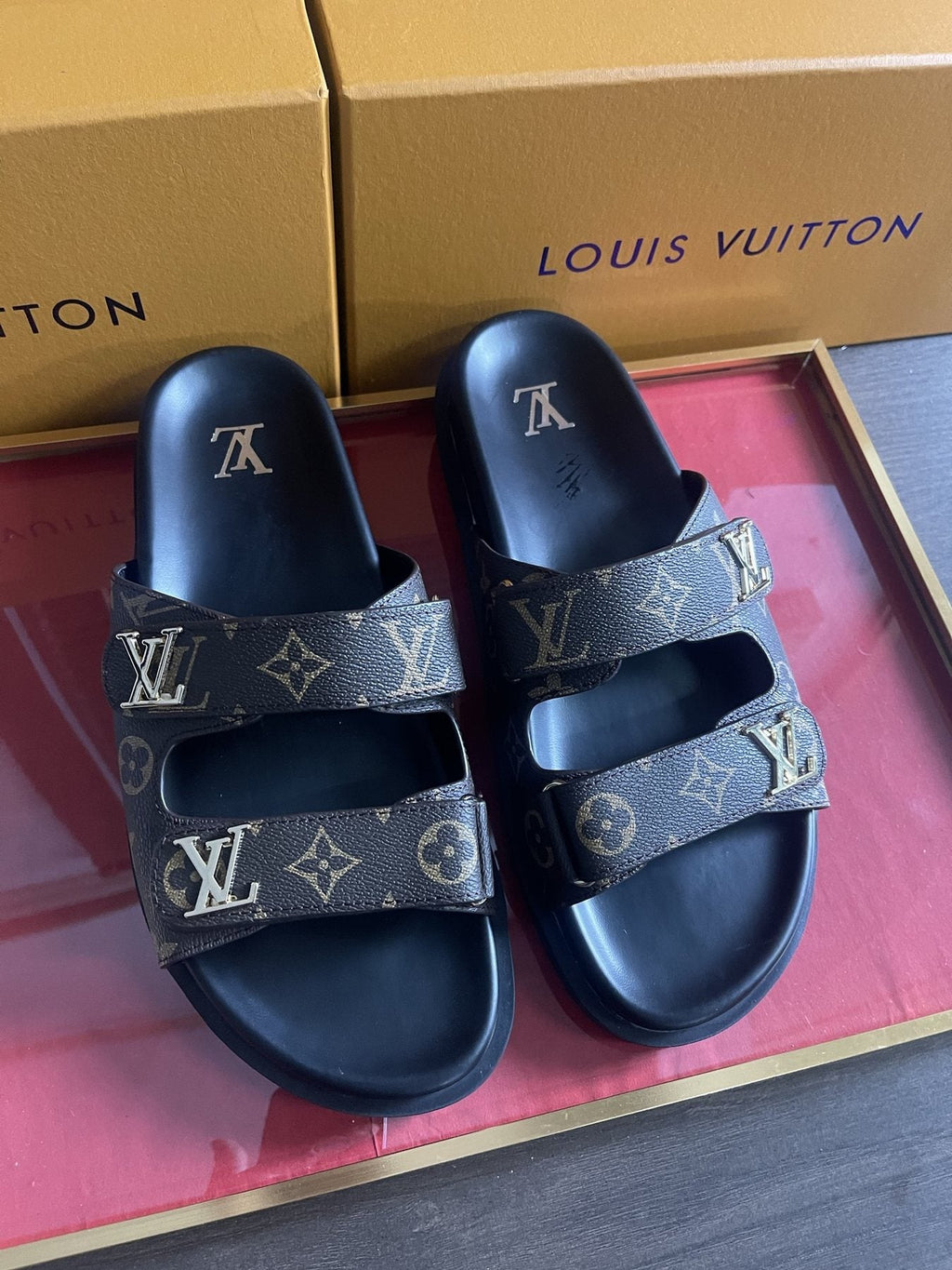 Louis Vuitton Dark Gray Monogram Slide Sandals - Double Monogram-Pattern Straps