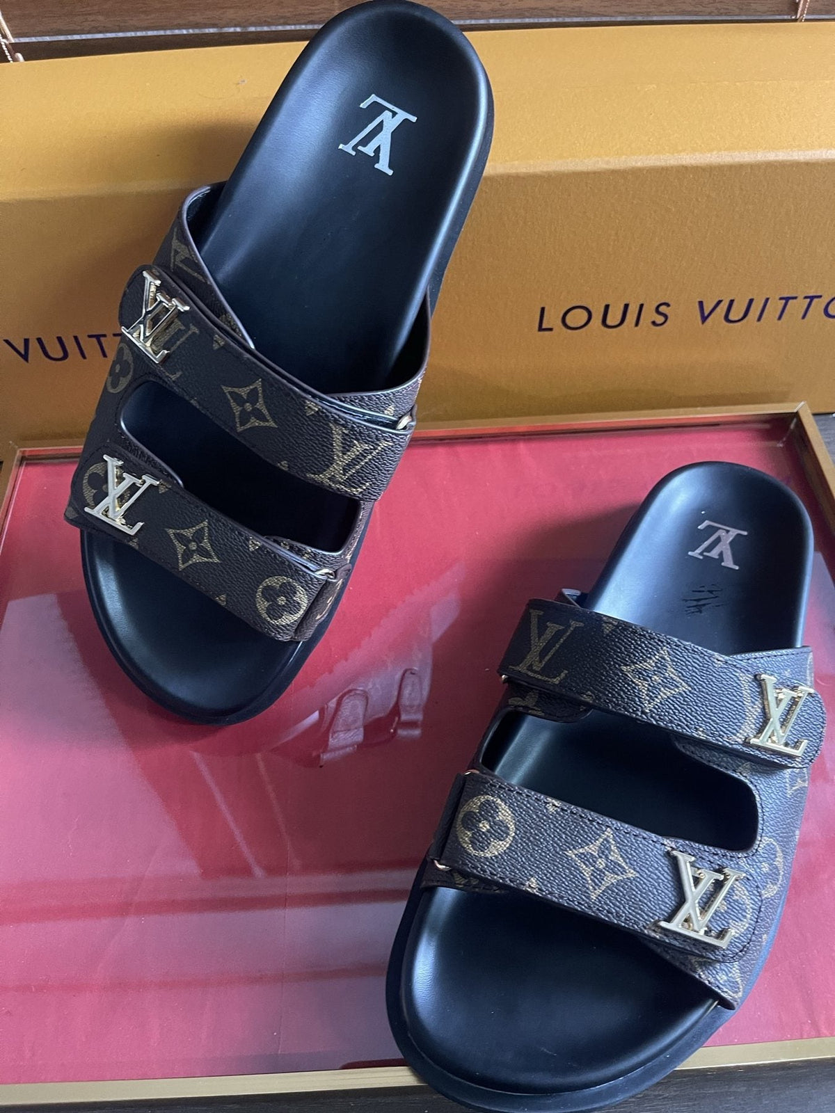 Louis Vuitton Dark Gray Monogram Slide Sandals - Double Monogram-Pattern Straps
