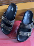 Louis Vuitton Dark Gray Monogram Slide Sandals - Double Monogram-Pattern Straps
