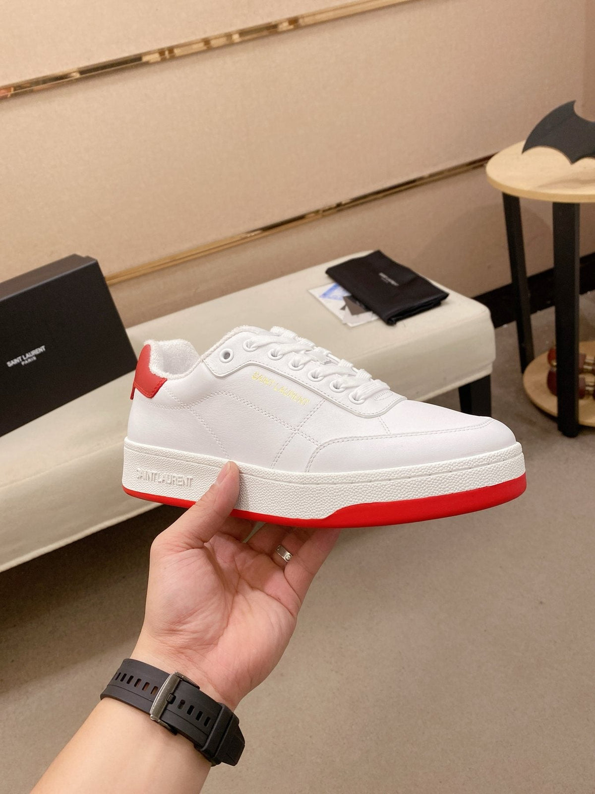 Saint Laurent White Red Perforated Low-Top Sneakers