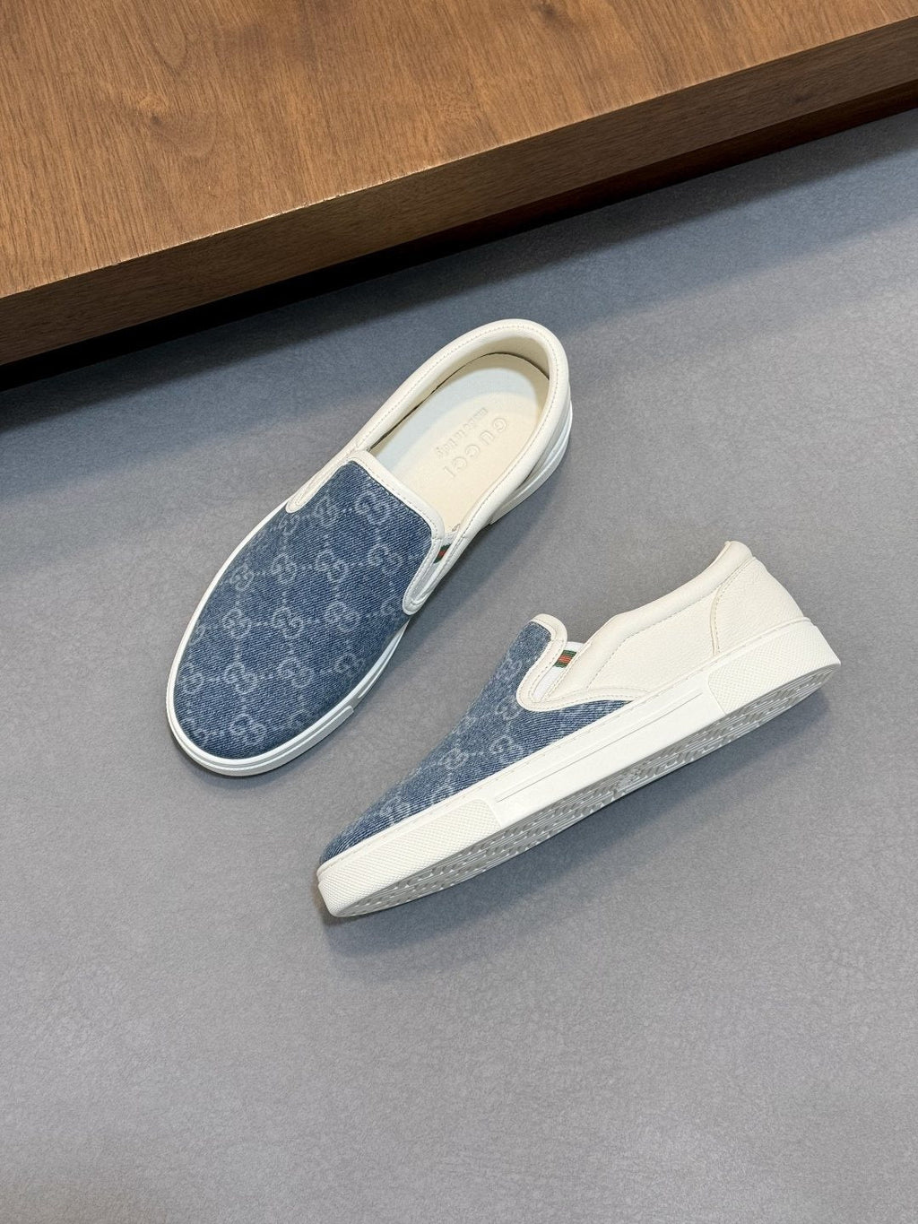 Gucci Blue Patterned Slip-On Sneakers