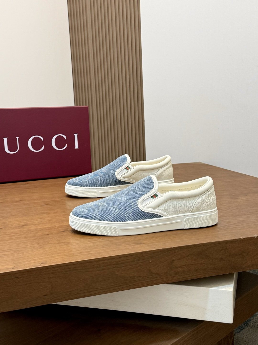 Gucci Blue Patterned Slip-On Sneakers