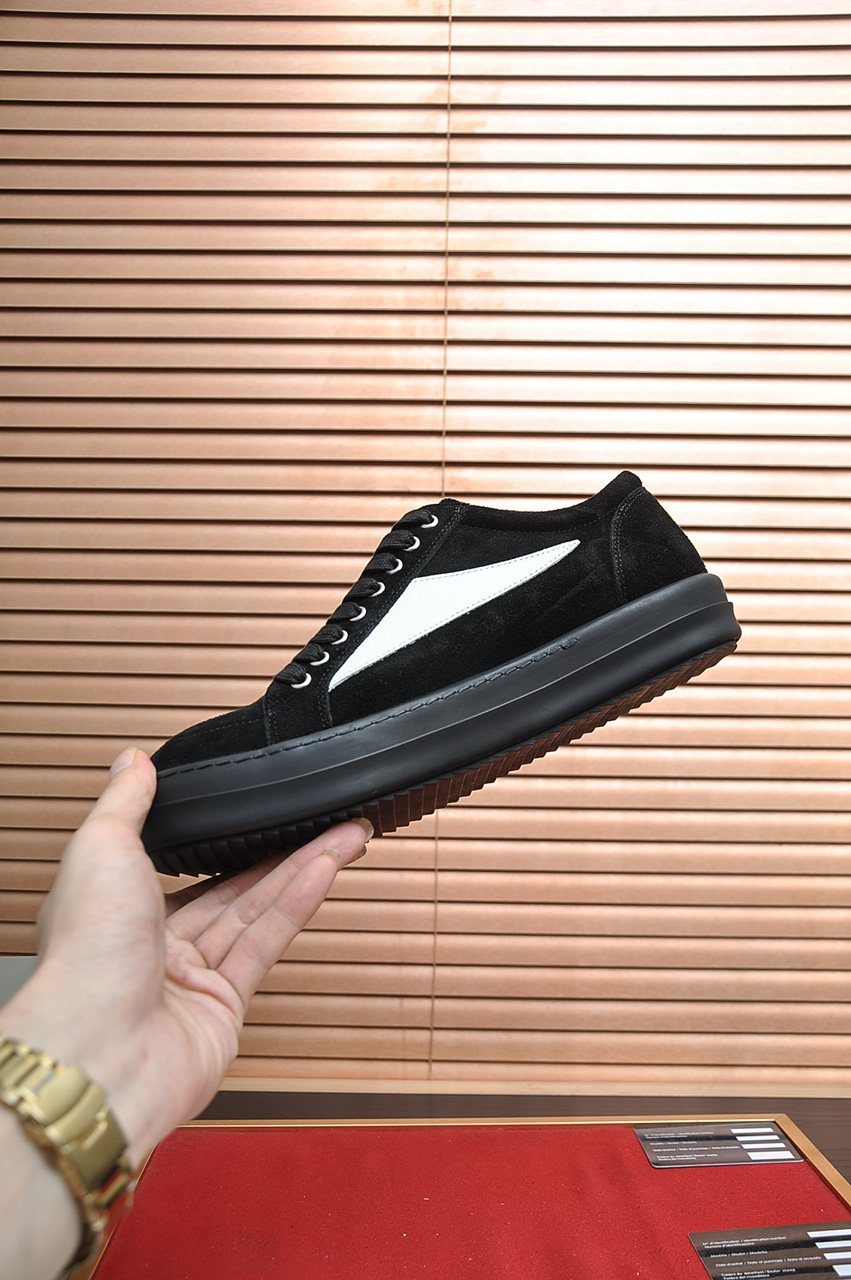 Rick Owens Black Low-Top Sneakers with White Side Panels