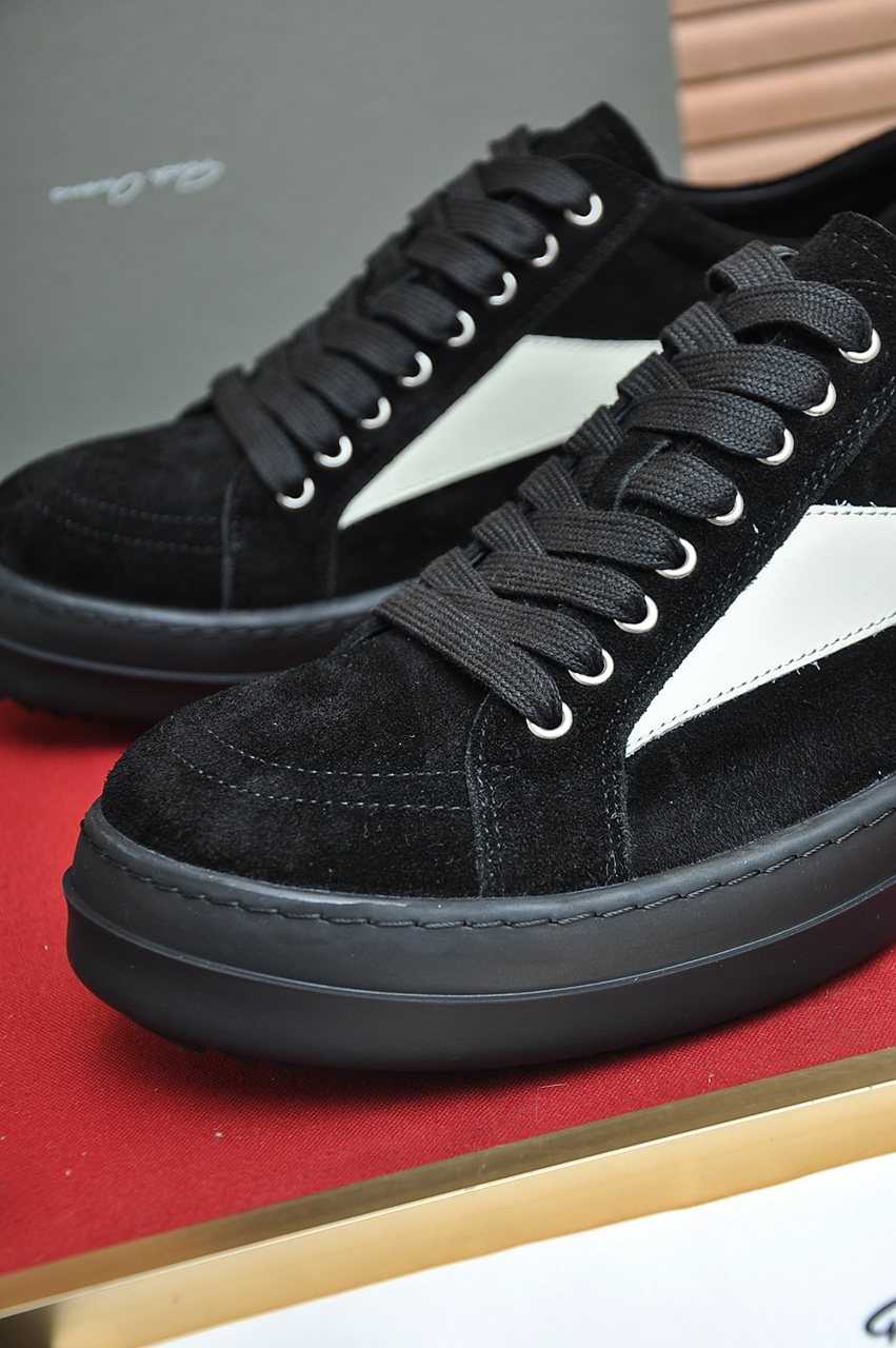 Rick Owens Black Low-Top Sneakers with White Side Panels
