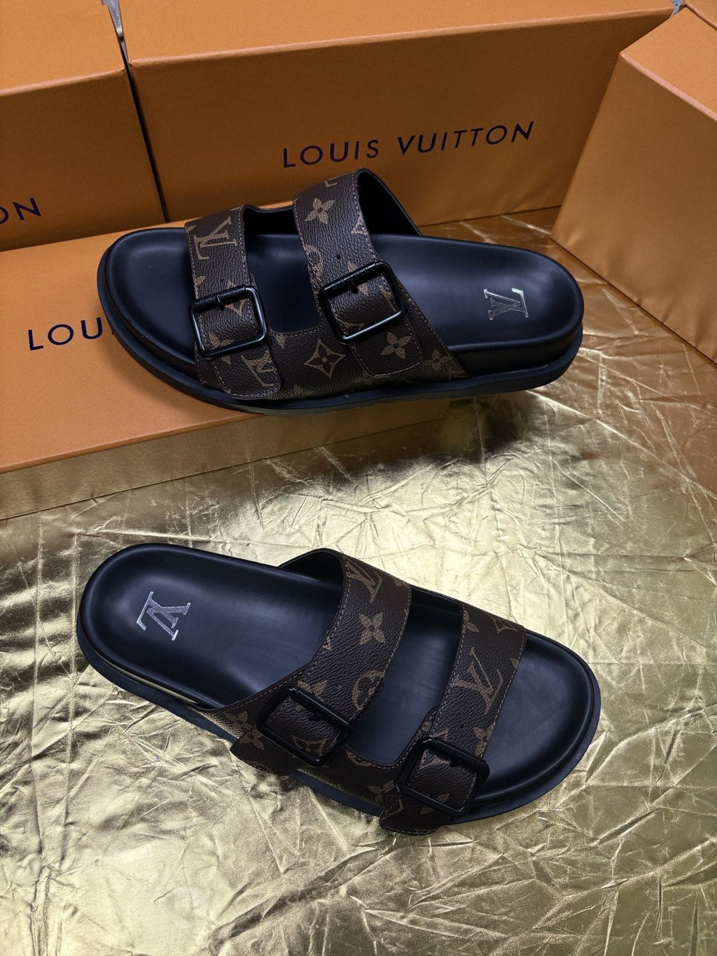 Louis Vuitton Monogram Double-Buckle Slide Sandals - Dark Brown and Black