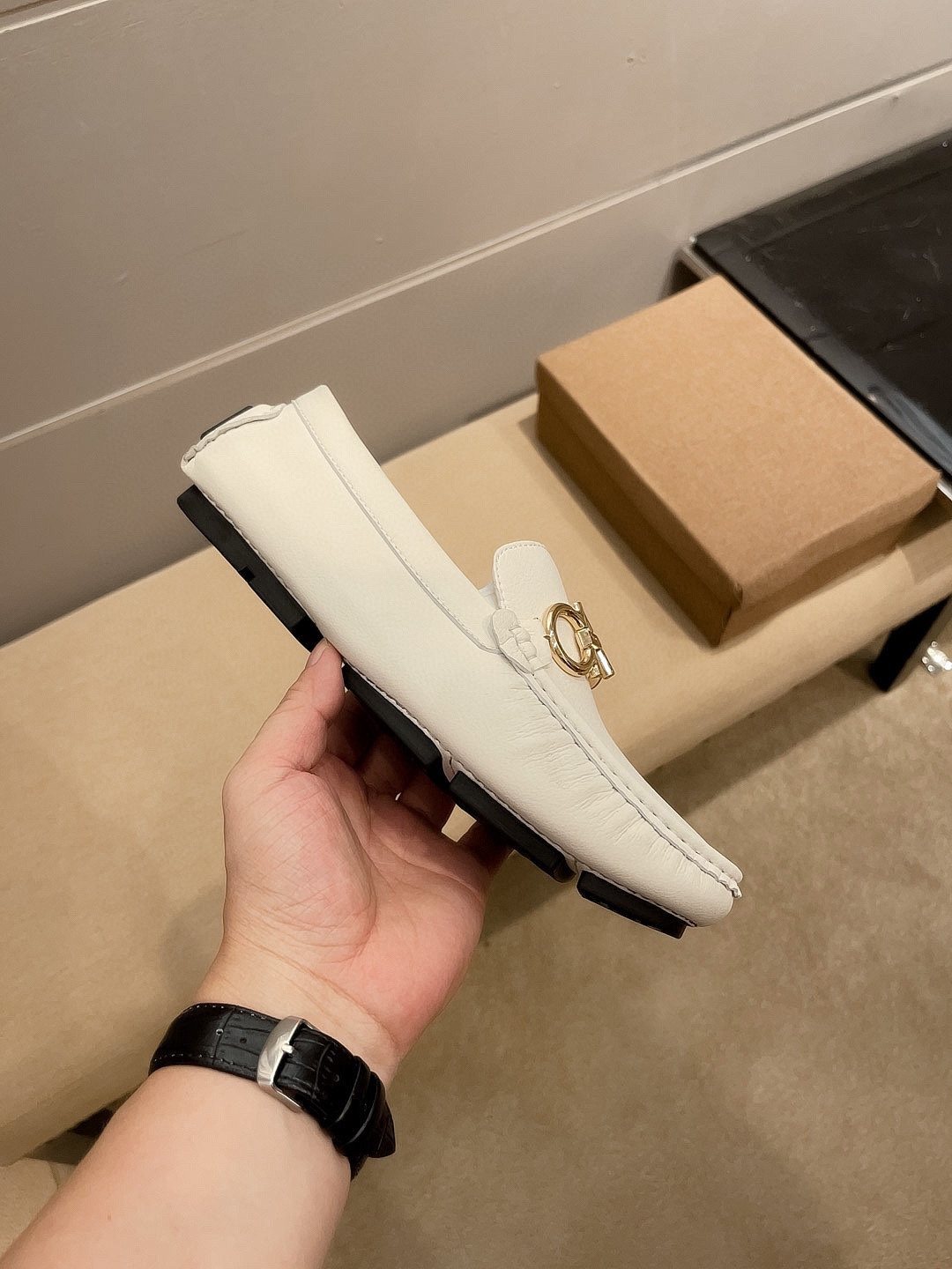 Ferragamo Men's White Hardware Loafers