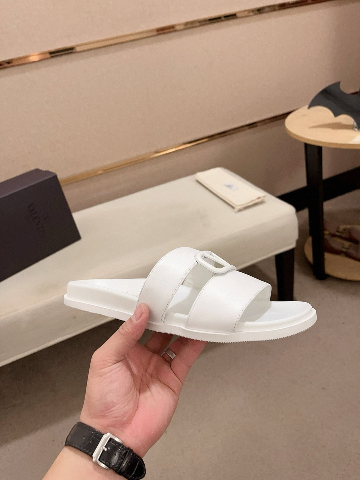 Valentino White V-Hardware Slide Sandals