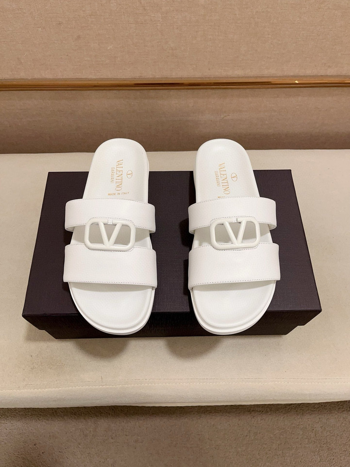 Valentino White V-Hardware Slide Sandals