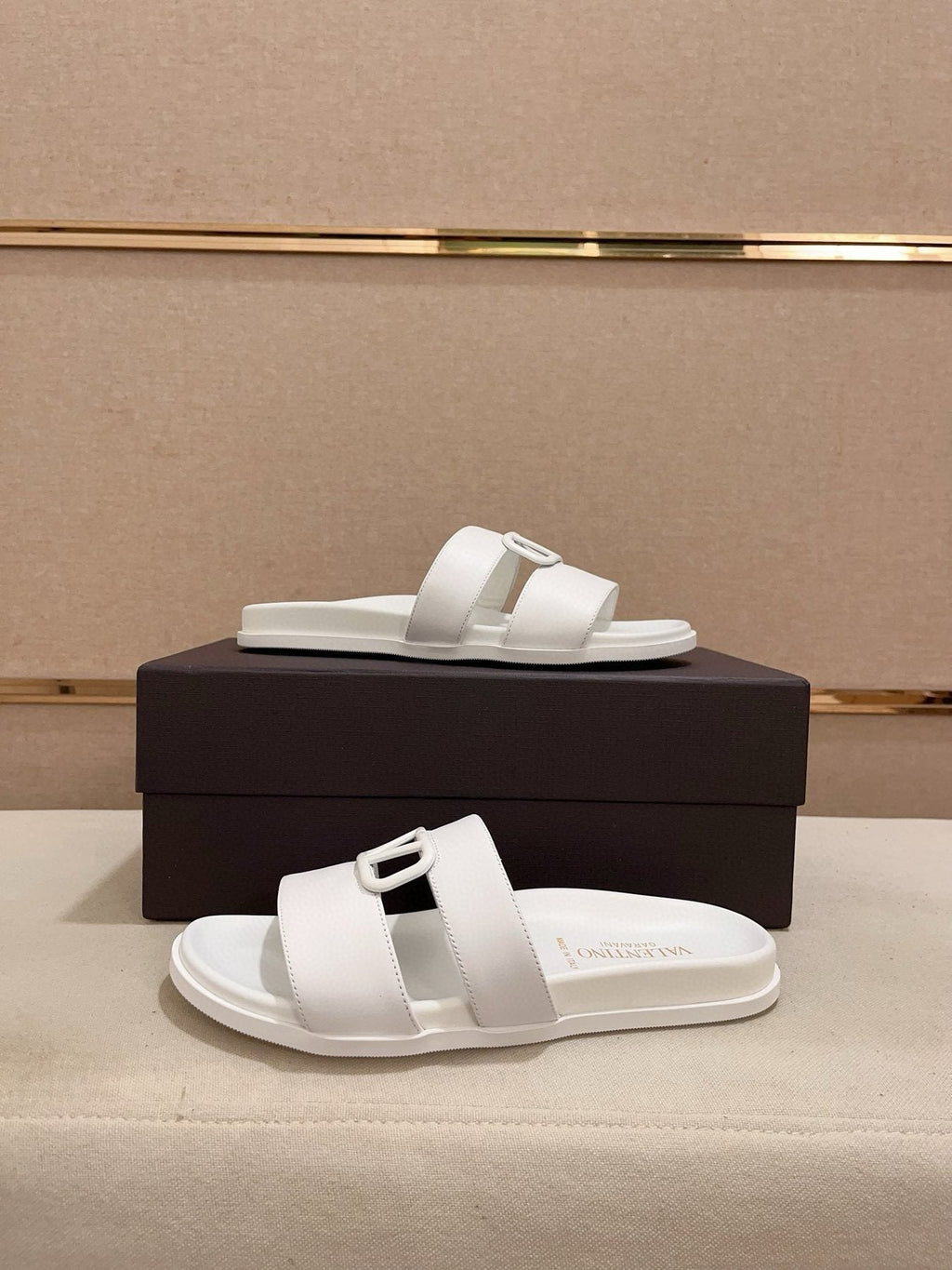 Valentino White V-Hardware Slide Sandals