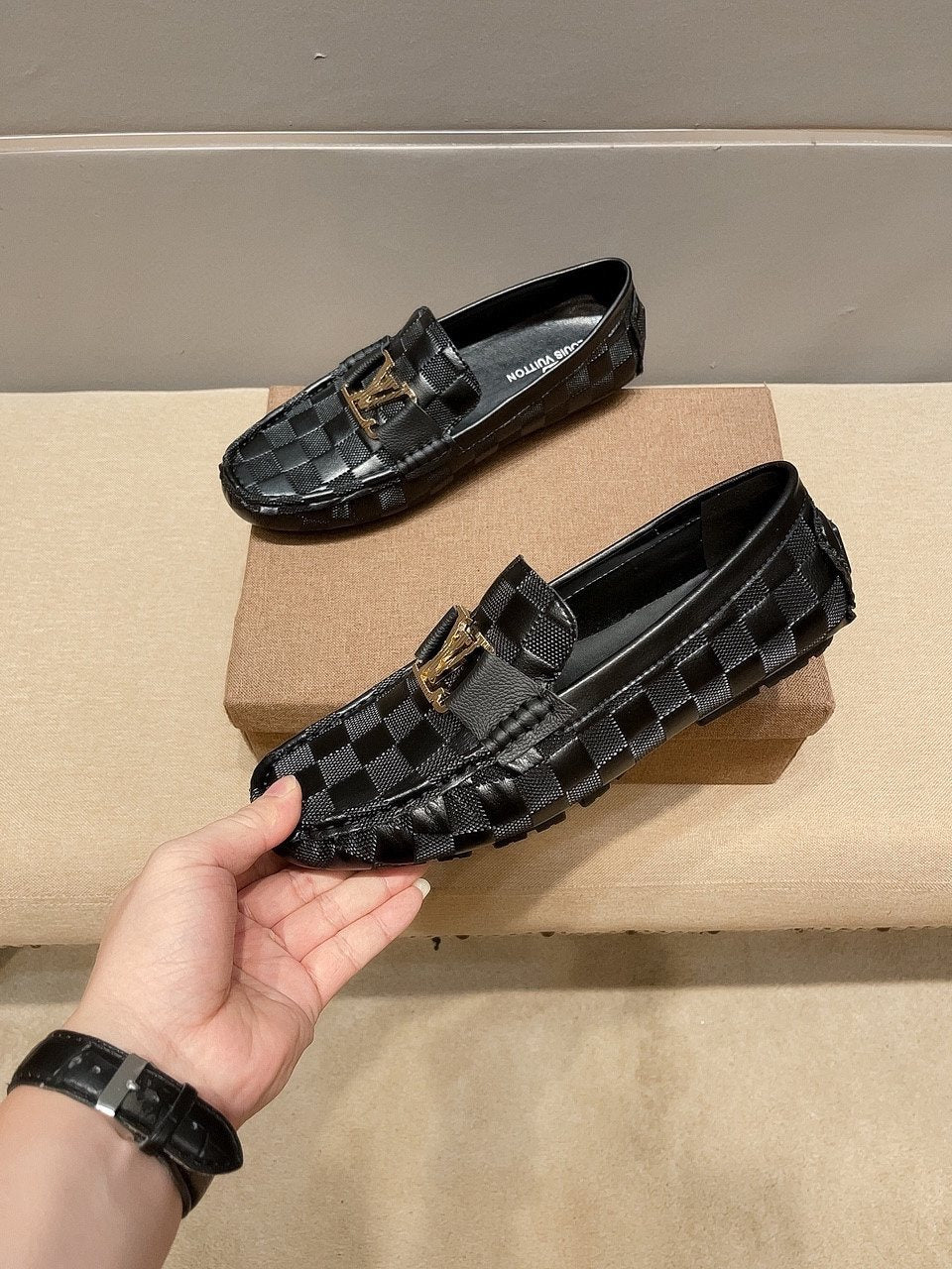Louis Vuitton Men's Checker-Woven Buckle Loafers - Black and Dark Gray