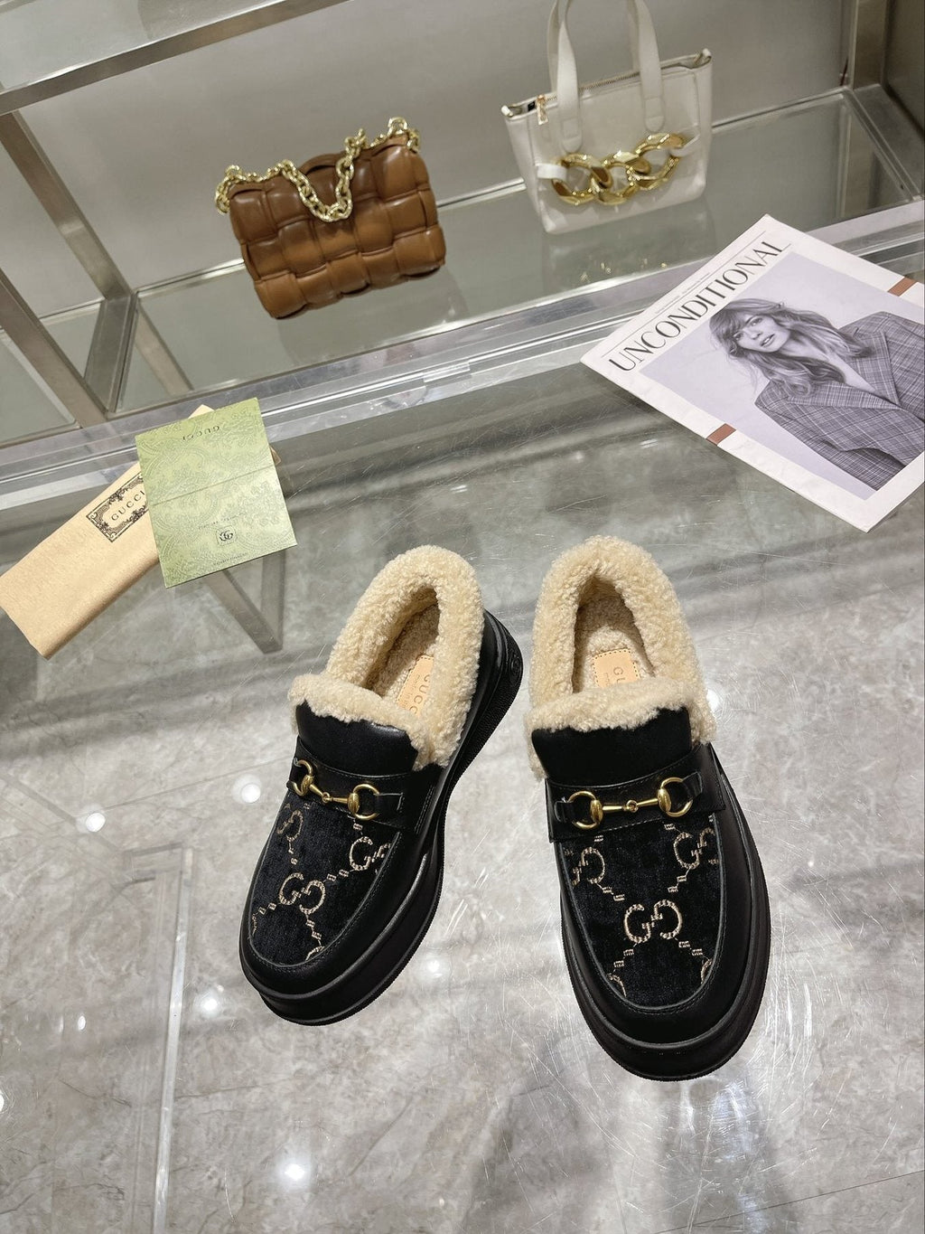 Gucci Patterned Plush-Lined Slip-On Shoes
