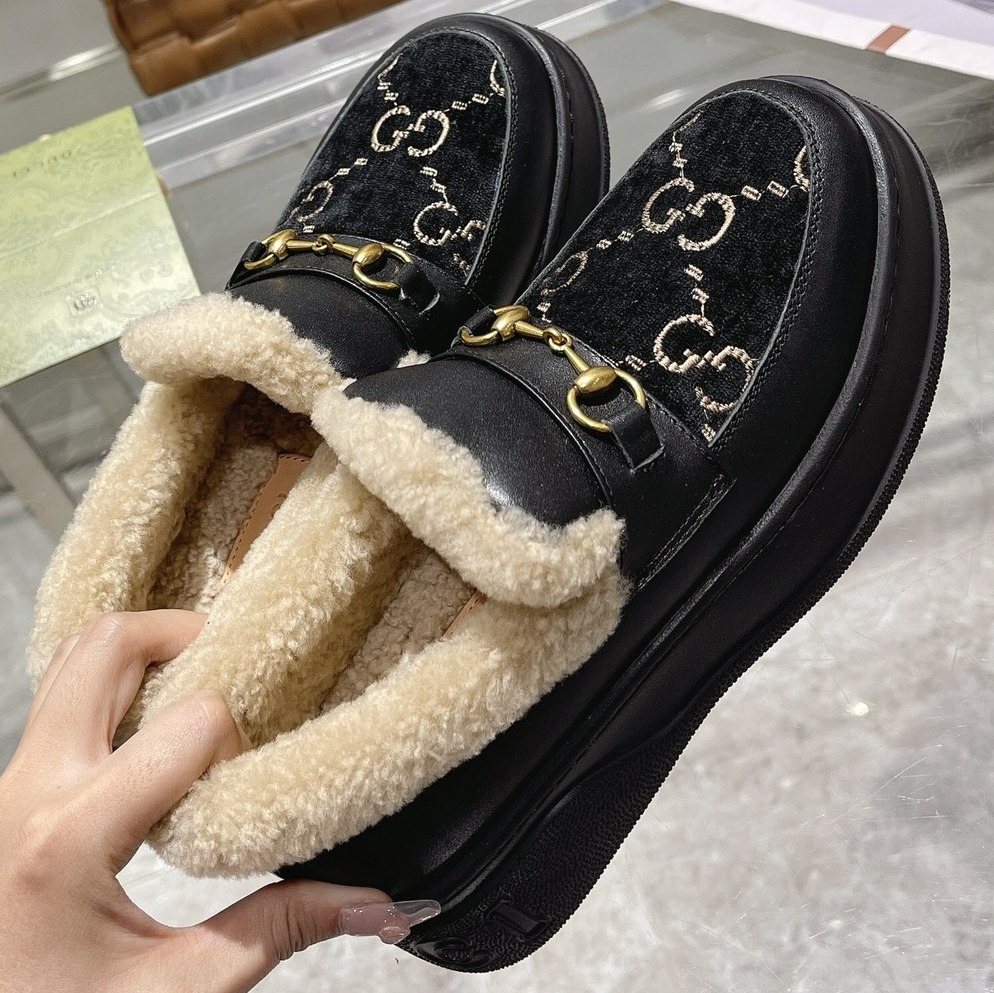 Gucci Patterned Plush-Lined Slip-On Shoes