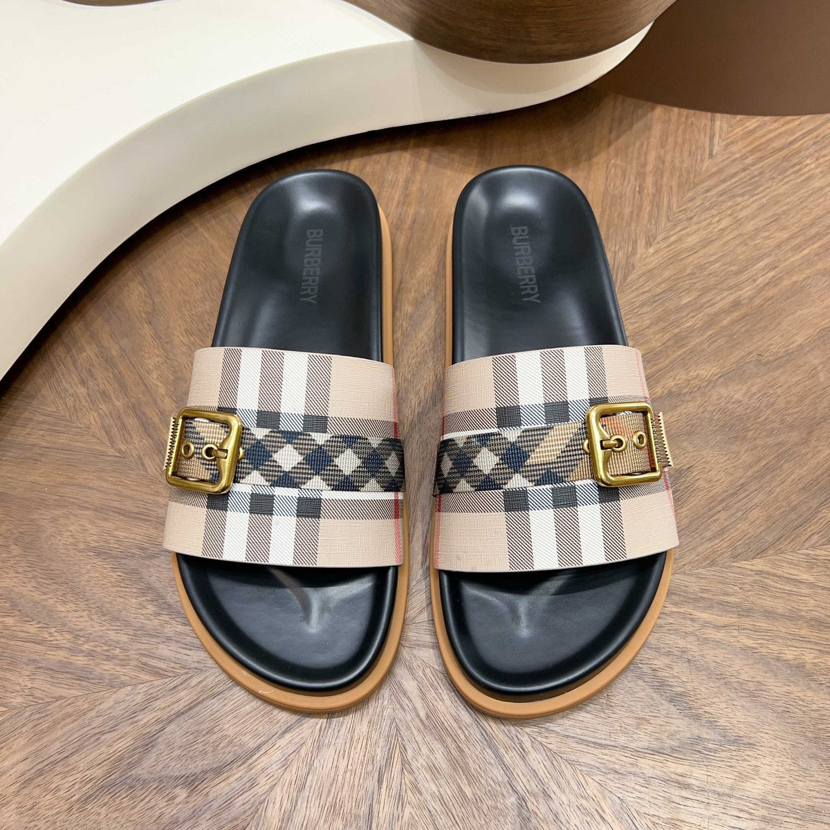 Burberry Check Buckle Slide Sandals