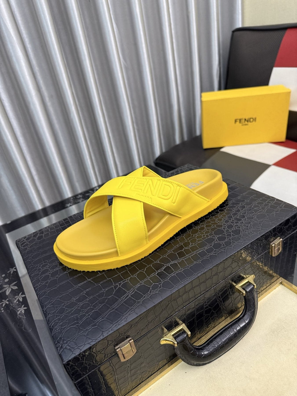 Fendi Embossed Cross-Strap Slide Sandals