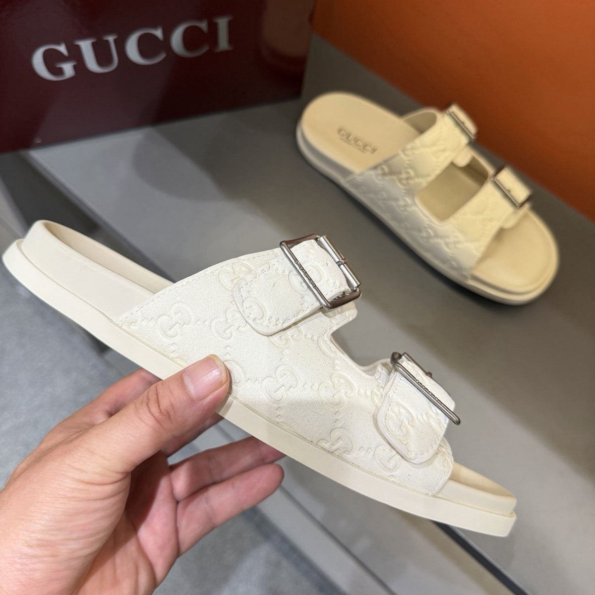 Gucci Two-Buckle Monogram Slide Sandals