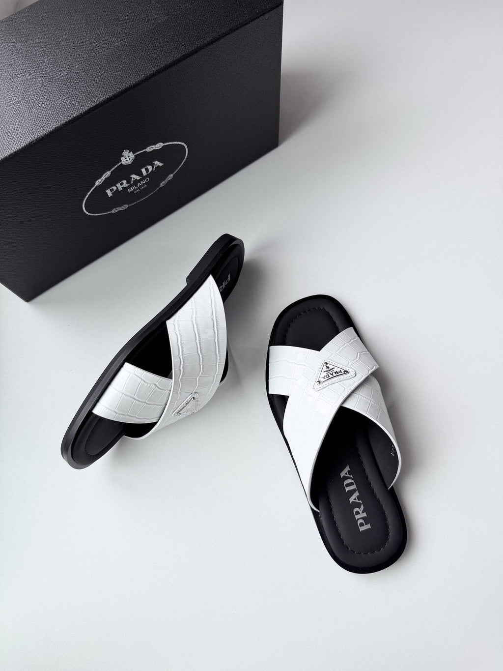 Prada Men's Croc-Embossed Cross-Strap Slide Sandals