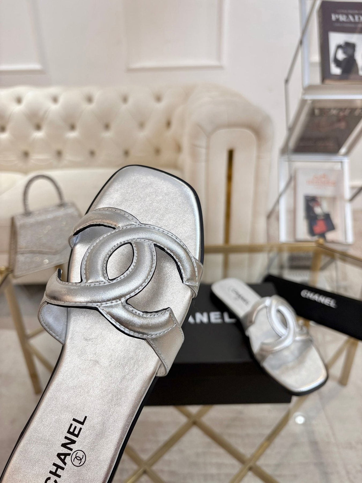 Chanel Embossed Logo Slide Sandals
