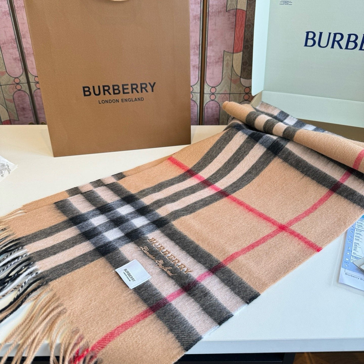 Burberry Blush Pink Plaid Fringed Scarf