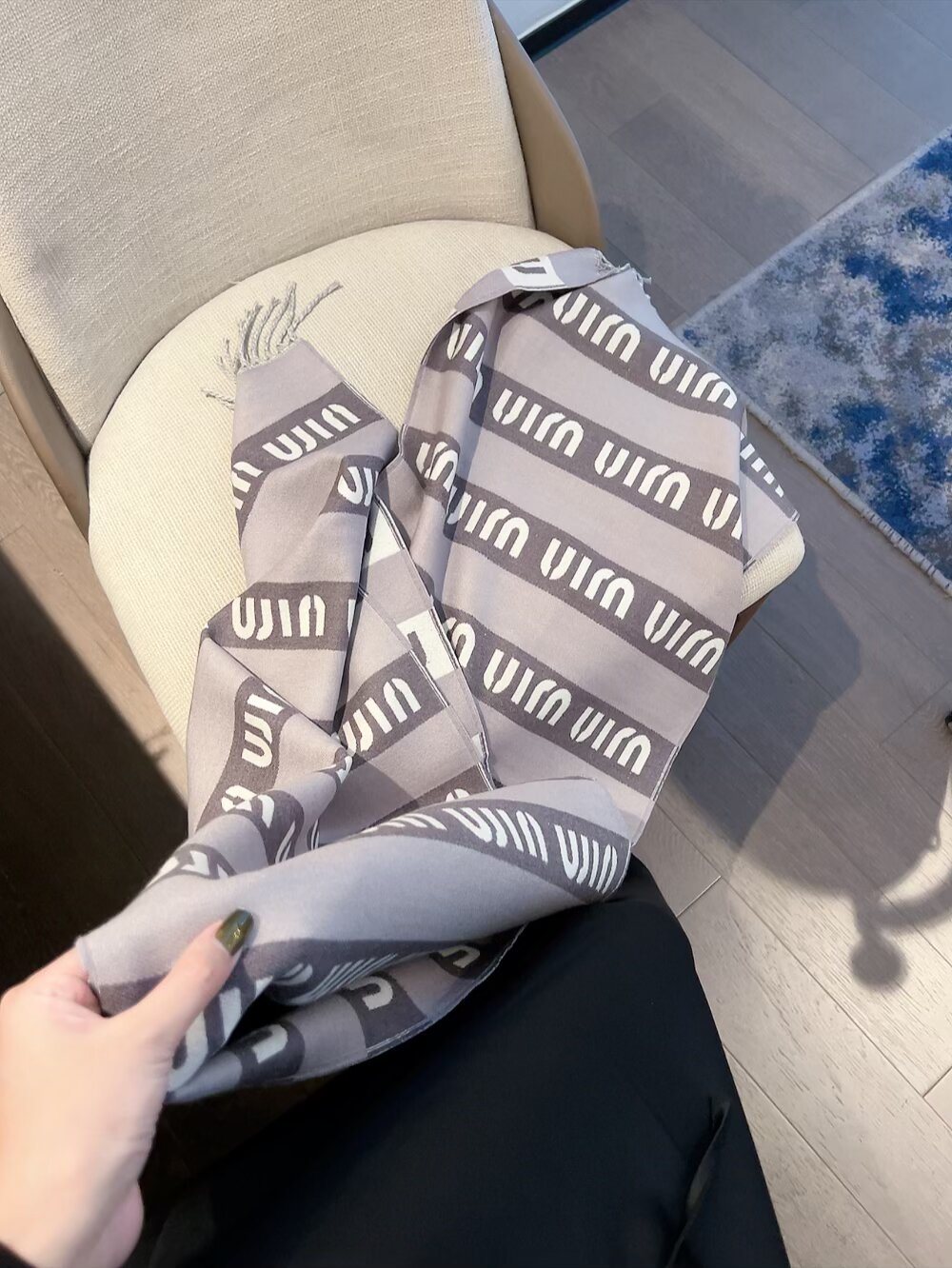 Miu Miu Gray, Black & White Fringed Scarf