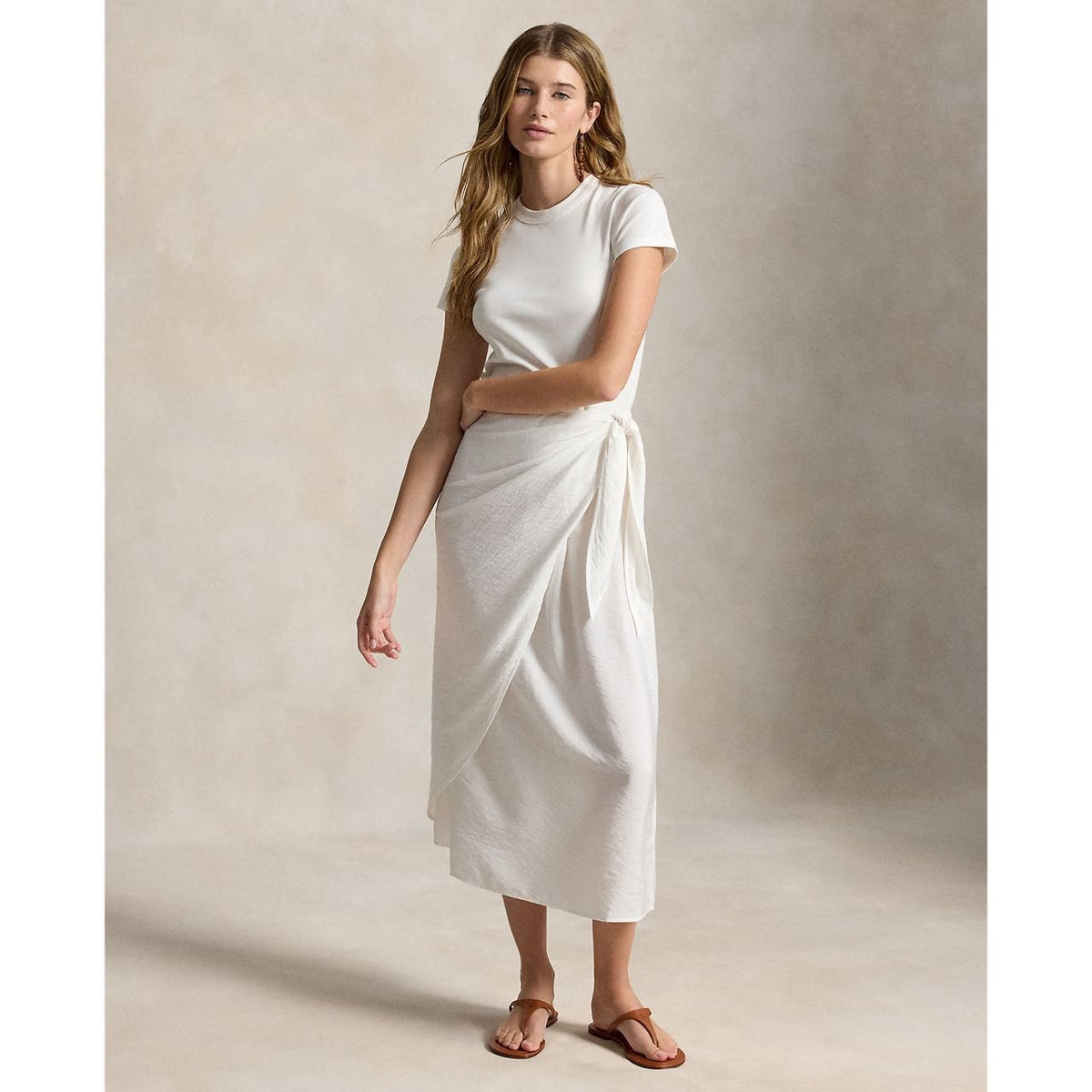 Ralph Lauren Short-Sleeve Faux-Wrap Tie Midi Dress